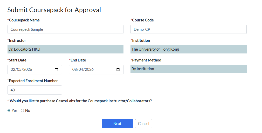 coursepack publish submit form